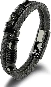 [HEIX] Men's Premium Leather Bracelet Magnetic Stainless Steel Clasp in Dark Blue and Brown Great Gift Idea for Men & Boys Jewelry (Black)