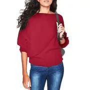 Loose Bat Sleeve Boat Neck Knit Women's Sweater Pullover Jumper - Wine Red
