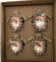 COASTAL COLLECTION TURTLE NAPKIN RINGS (4) SHELLS JUTE PEACH TAN WHITE NIB