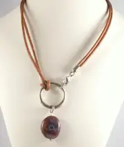 Natural Montana Agate Necklace with Sterling Silver Accents Brown Leather Cord