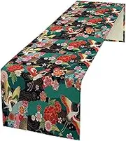 Japanese Crane Table Runner Oriental Vintage Asian Chinese Traditional Florals Dinner Runner for Farmhouse Kitchen Dinner Table Party Decoration 13x60in