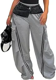 [XZLUFNY] Women's Cargo Sweatpants Striped Denim Patchwork High Waist Wide Leg Track Pants