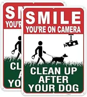FHEGI 2-Pack Clean Up After Your Dog Signs, 10" x 7" No Dog Poop Lawn Signs, Pick Up After Your Dog Sign for Yard, Smile Your on Camera Signs, Rust Free Reflective Sheeting Aluminum Sign