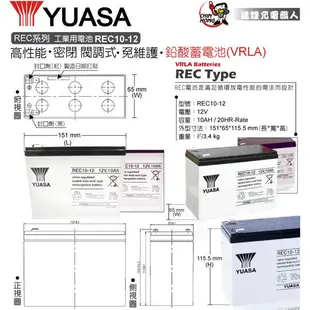 【YUASA】REC10-12 鉛酸電池12V10Ah 電動車電池 釣魚電池 捲線器 UPS 緊急照明裝置 電動工