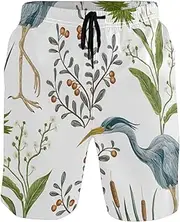[GuoChe] Mens Funny Swim Trunks Heron Bird Animal Swamp Plants Quick Dry Beachwear Sports Running Swim Board Shorts Bathing