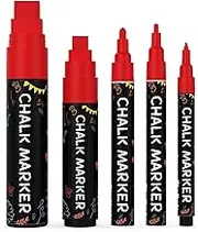 5 Red Chalkboard Chalk Pens - Red Dry Erase Markers for Blackboard, Chalkboard Signs, Windows, Glass | Variety Pack - Fine & Jumbo Size Ink Pen (1mm, 3mm, 6mm, 10mm, 15mm)