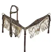 COWBOY CARVING Single Ear DARK Leather Headstall GOLD FRINGE Breast Collar Set