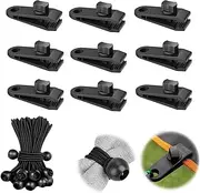 10 Sets Heavy Duty Tarp Clip and Awning Clamp With Bungee Cord - Linoleum Tent Clips With Bungee Balls for Camping, Tarpaulin