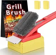 [TNTOR] Grill Brush with Scraper-Dual Head Design BBQ Clearning Brush for Outdoor Grill with Sponge & Wire Bristles - Removable Head Grill Cleaner Accessories for Gas/Charcoal Grilling Grates Red