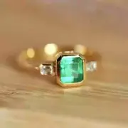 18K Gold Plated 925 Silver Natural Emerald Cut Emerald Engagement Ring for Her