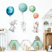 LASZOLA Creative Wall Stickers Watercolor Wall Decals, Removable Peel and Stick Cartoon Animal Neutral Vinyl Wall Decoration for Boy Girl Bedroom, Balloon and Bunny