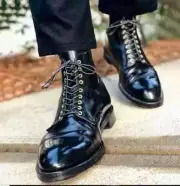Handmade Black Leather Cap Toe Boots, Stylish Classic Custom Dress Boots For Men