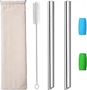 Boba Straw Metal Bubble Tea Straws Reusable Stainless Steel Straw 10" Angled Tips 12mm 1/2 in Wide Straw for Smoothies Jumbo Milkshakes Tapioca Pearl with Silicone Tips Carry Bag Brush 2 Pcs Silver