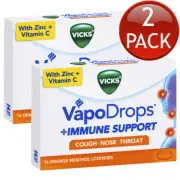 2 x Vicks VapoDrops Immune Support Orange 16 Lozenges Relieves Sore Throat Cough