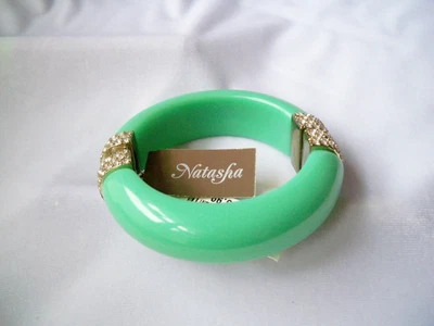 Natasha Crystal Rhinestone & Green Lucite Hinged Cuff Bracelet Magnetic Clasp