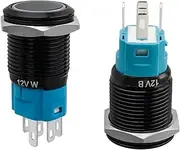Yakamoz 2Pcs 16mm Latching Push Button Switches, 12V On Off Reset Button with Sockets White LED Wiring Harness, Waterproof Marine Push Button for Car (Black Shell)