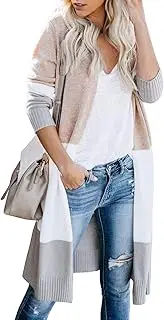 [Misassy] Womens Open Front Long Sweater Cardigans Boho Long Sleeve Color Block Knit Lightweight Kimono Duster Coats - khaki - Large