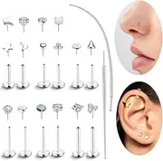 [EIELO] 18K Gold Filled Threadless Nose Studs Flat Back Earrings Nose Rings Hypoallergenic 316L Stainless Surgical Steel Push in Piercing Jewelry for Nose Nostril Tragus Helix 20G