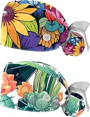 [YTYVAGT] 2-Pc,Nurse Scrub Caps,Scrub Hats with Buttons and Cotton Sweatband,Floral Abstract Cartoon Flower