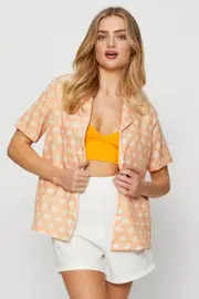 Retro Print Relaxed Shirts Short Sleeve Collared - Size 12, Women's Denim Shirt