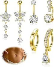 [Masedy] 6PCS 14K Gold Plated Belly Button Rings for Women 14G Dangle Belly Rings Clicker CZ Dangling Navel Rings Curved Barbell Belly Piercing Jewelry
