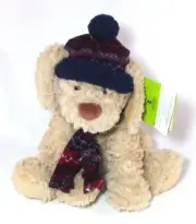 GENTLE TREASURES Stuffed Soft Plush Sitting Dog Hat Scarf Microbeads 11" Tan
