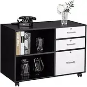 Filing Cabinet Wood Filing Cabinet with 3 Drawer and 2 Open Shelves Office Storage Cabinet with Wheel Printer Stand Storage Cabinet