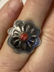 Tim Yazzie Sterling Spiny Oyster Concho Ring 6.5