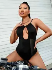 Sexy women's lingerie Cut Out Front Contrast Mesh Cami bodysuit black US Seller