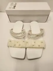 Womens White With Pearl Strap Flats Size 9.5