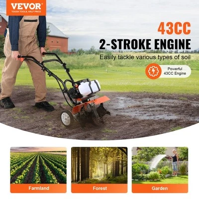 Gas Powered Tiller Cultivator 43CC 2 Stroke with 4 Adjustable Steel Tines for
