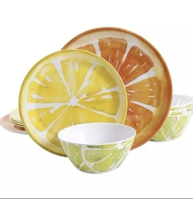 Gibson Home Sunny Citrus 12 Piece Round Melamine Dinnerware Set New in Box