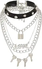 [HAMKVBPR] Choker Necklace Punk Necklace Rock Leather Collar Necklace Punk PU Lock Shape Key Multiple Punk Necklace