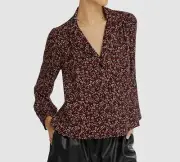 NWT $139 Aqua Women Black Red V-Neck Long-Sleeve Button Front Blouse Shirt Top S