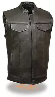 Men's SOA Leather Vest Snap Front w/ Dual Inside Gun Pockets One Panel Back