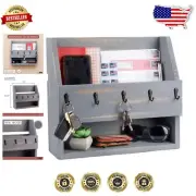 Rustic Grey Wooden Mail and Key Holder with 5 Metal Hooks for Wall Mounting