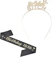 [Dusenly] Metal Princess Rhinestone Birthday Headband Birthday Sash Black Golden Glitter Satin Sash for Birthday Party Decorations