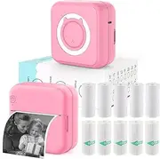 Inkless Mini Thermal Pocket Printer, Wireless Sticker Printer With 10 Rolls Thermal Paper for iOS&Android, Portable Photo Printer for Notes Journal Memo Study, Pink