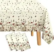 3 Pieces Floral Tablecloth, 108 x 54 Inch Disposable Wildflower Butterfly Table Cover, Beige Plastic Table Cloth for Home Decor Summer Picnic Birthday Tea Party Decorations