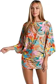 [Sunshine 79] Women's Short Sleeve Tunic Cover Up Dress, Multi//Under The Tahitian Sun, Large
