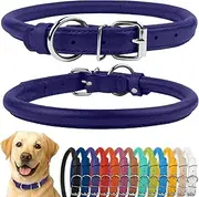 CollarDirect Rolled Leather Dog Collar, Soft Padded Round Puppy Collar, Handmade Genuine Leather Collar Dog Small Large Cat Collars Black Pink Red Purple Blue (Fits 16"-18" Neck, Purple)