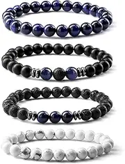 MILACOLATO 3-4 Pcs Mens Bracelets 8MM Natural Stone Beaded Bracelets Set Tiger Eye Bracelet for Men Adjustable Stretch Lava Rock Black Crystal Beaded Bracelets Father's Day Mens Jewellery Gifts