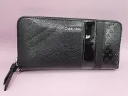 NEW WTB CALVIN KLEIN BLACK LEATHER PATENT SILVER ZIP AROUND WALLET MOON H4GLQ8VD