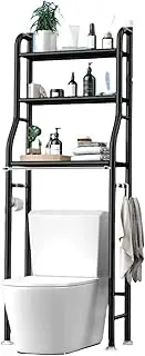 3-Tier Over The Toilet Storage, Freestanding Metal Bathroom Shelves with 3 Hooks, Over Toilet Storage Shelf with Paper Holder, Above The Toilet Shelf for Bathroom Storage, Black