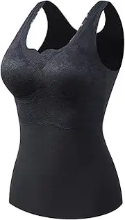 [Generic] Women Fleece Undershirt Sleeveless Thermal Shirts with Non Detachable Built in Bra V Neck Vest Fleece Lined Underwear Thermal Tank Tops Lace Underwear Thermal Top and Bottom Set