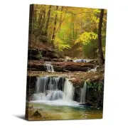 Waterfall Canvas Wall Art Sunlight Woodland Wall Decor for Living Room Green