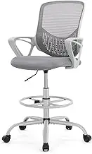Drafting Chair, Ergonomic Tall Office Chair, Mid Back Mesh Standing Desk Chair with Adjustable Foot Ring and Armrest, Swivel Rolling Counter Height High Work Stool, Grey