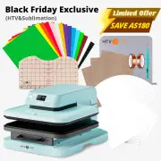 [T-Shirt Essential Kit] Auto Heat Press Machine 15" x 15" 110V + T Shirt Heat Press Kit (Include Vinyl&Sublimation Bundle, Tools&Heat Press Mat), Light Blue