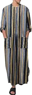 [Generic] Cotton Linen Robe for Men Crewneck Button Up Long Sleeve Muslim Thobe Summer Casual Loose Fit Stripe Print Home Gown, C#blue, X-Large, C#blue, X-Large