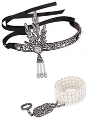 Black Great Gatsby Deluxe Headpiece Bracelet Ring Set